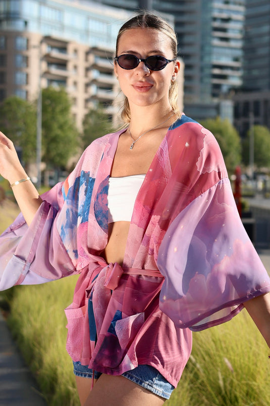 Pink Moons Short Kimono
