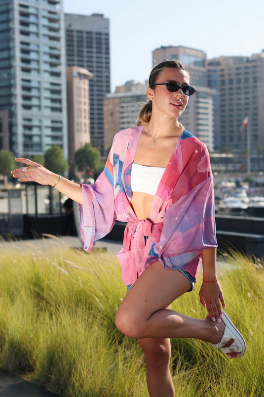 Pink Moons Short Kimono