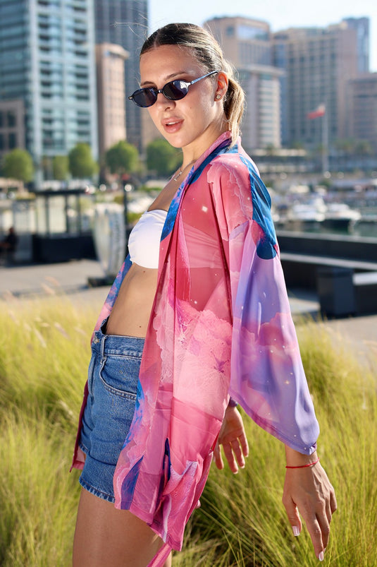 Pink Moons Short Kimono