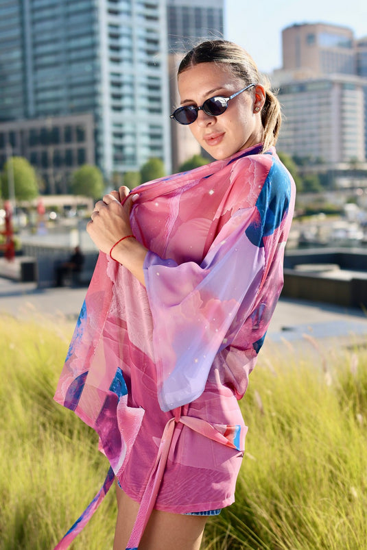Pink Moons Short Kimono